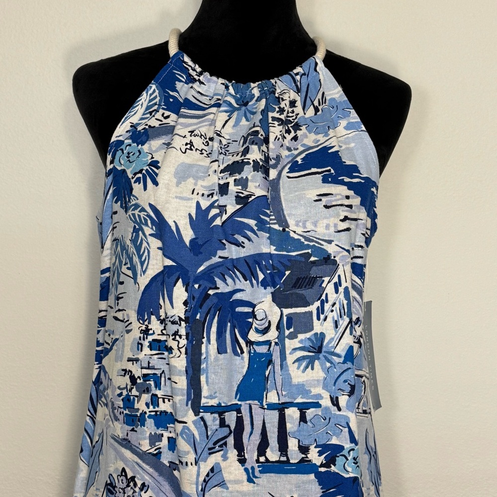 London Times Linen Blend Halter Sleeveless Seaside Print Shift A-Line Dress 8-10 - Picture 4 of 12
